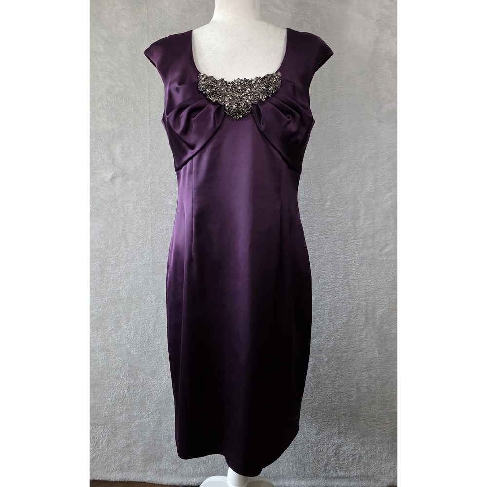 EUC David Meister Dress Women 12 Purple Satin Beaded Sheath Cocktail Party Event